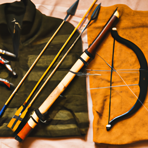Essential hunting gear including a crossbow, arrows, and camouflage clothing.