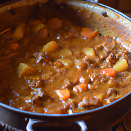 A steaming bowl of hearty stew, cooked to perfection in a dutch oven.