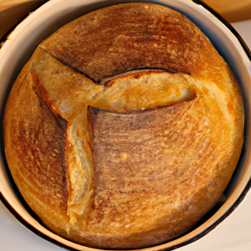 Freshly baked bread with a golden crust, made using a dutch oven.